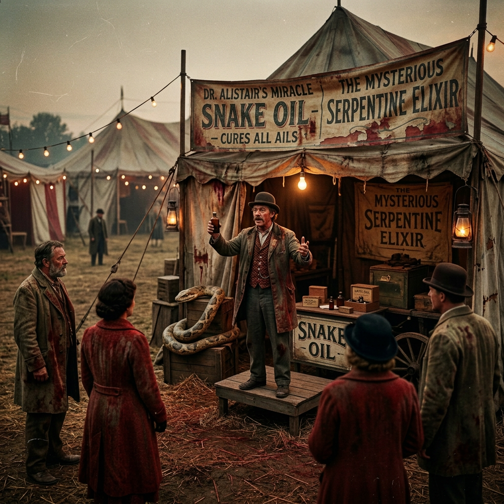 Snake oil salesman holding a bottle addressing a crowd at an outdoor fair tent